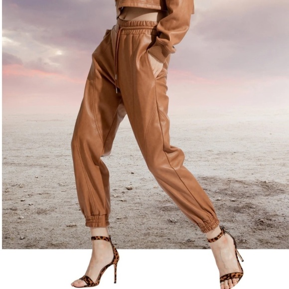 NWT Avec Les Filles Faux Leather Fleece Line Jogger Pants in Cognac Beige - Picture 3 of 8